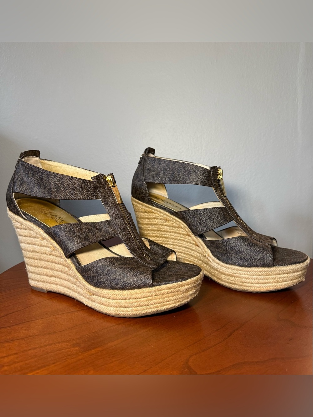 Michael Kors Dark Brown Signature Logo Espadrille Wedge Sandals